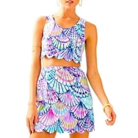 Lilly Pulitzer Oh Shello Colorful 2 Piece Shell Print Scalloped Hem Crop Set - Picture 1 of 15